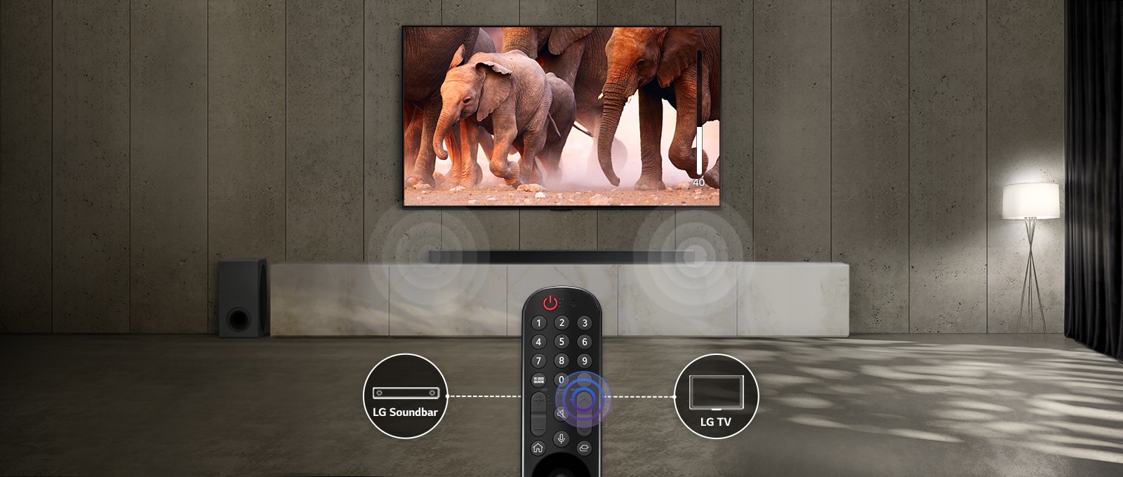 Le téléviseur installé dans une pièce aux lumières subtiles diffuse des images d’éléphants qui marchent. Un effet sonore est visible sur la barre de son sous le téléviseur. Au bas de l’image, on peut voir une télécommande du téléviseur, et la barre de son et l’ic?ne du téléviseur sont connectées à gauche et à droite de la télécommande.