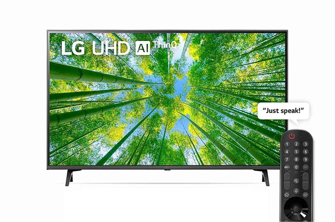 LG Smart TV UHD 4K 43'' pour Expérience Visuelle Immersive, Vue avant du téléviseur UHD de LG avec image de remplissage et logo du produit, 43UQ80006LD