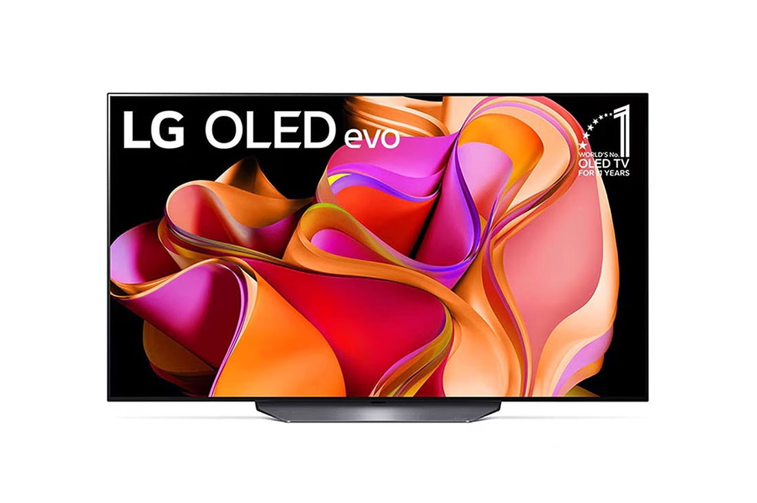 LG OLED evo TV I 55 Pouces séries CS3 I  webOS Smart AI ThinQ I Télécommande Magiue I Dolby Vision HDR10 I  HLG I AI Picture Pro I  AI Sound Pro I Dolby Atmos, Vue avant du LG OLED avec l’emblème 10 Years World No.1 OLED affiché à l’écran., OLED55CS3VA