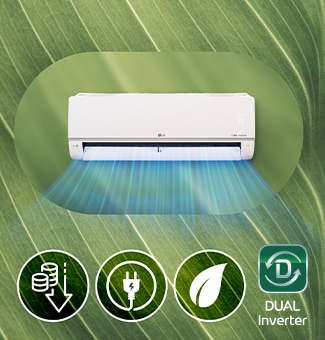 An air conditioner and 3 energy saving icons (coins, plugs, leaves) on an abstract background reminiscent of a leaf.