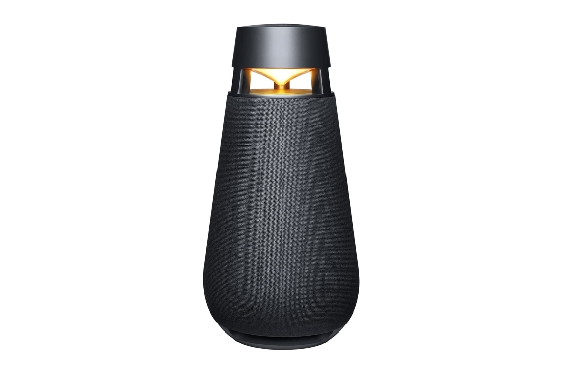 LG XBOOM 360 X03 | 360o Sound Technology |  IP54 Water & Dust Resistant | 24 Hours of Battery Life, Front angle with yellow lighting on, XO3QBK