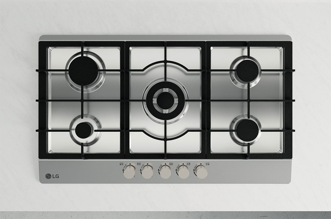 LG Built-in 900 Gas Cooktop |5 Burners | Stainless Steel | Heavy duty grates, Top View, CG5Z3626S