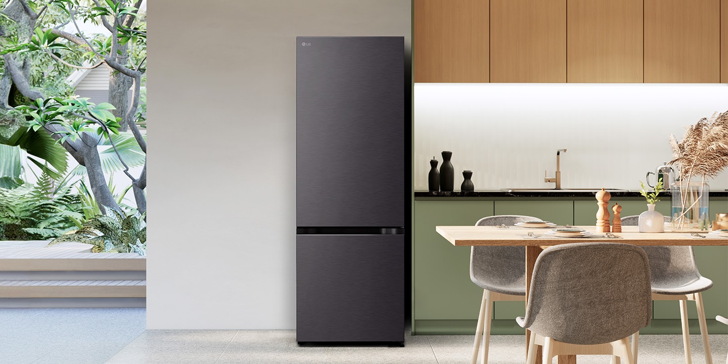 lg bottom freezer refrigerator with water dispenser in a modern kitchen.