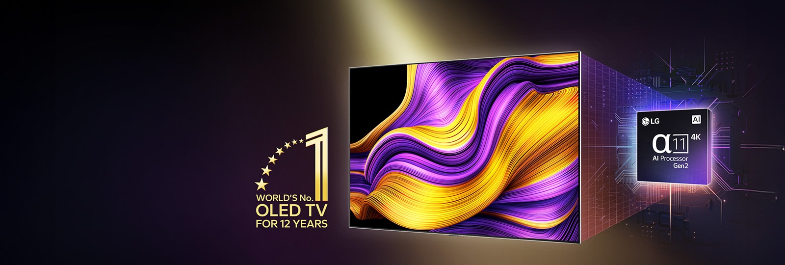 Una LG OLED TV con una obra de arte abstracta y colorida en su pantalla, con el procesador Alpha 11 AI de 2.a generación destacado por detrás. Luces brillantes emergen del procesador y de la TV, resaltando su avanzada tecnología. También se observa el emblema “OLED TV, número uno del mundo durante 12 a?os”.
