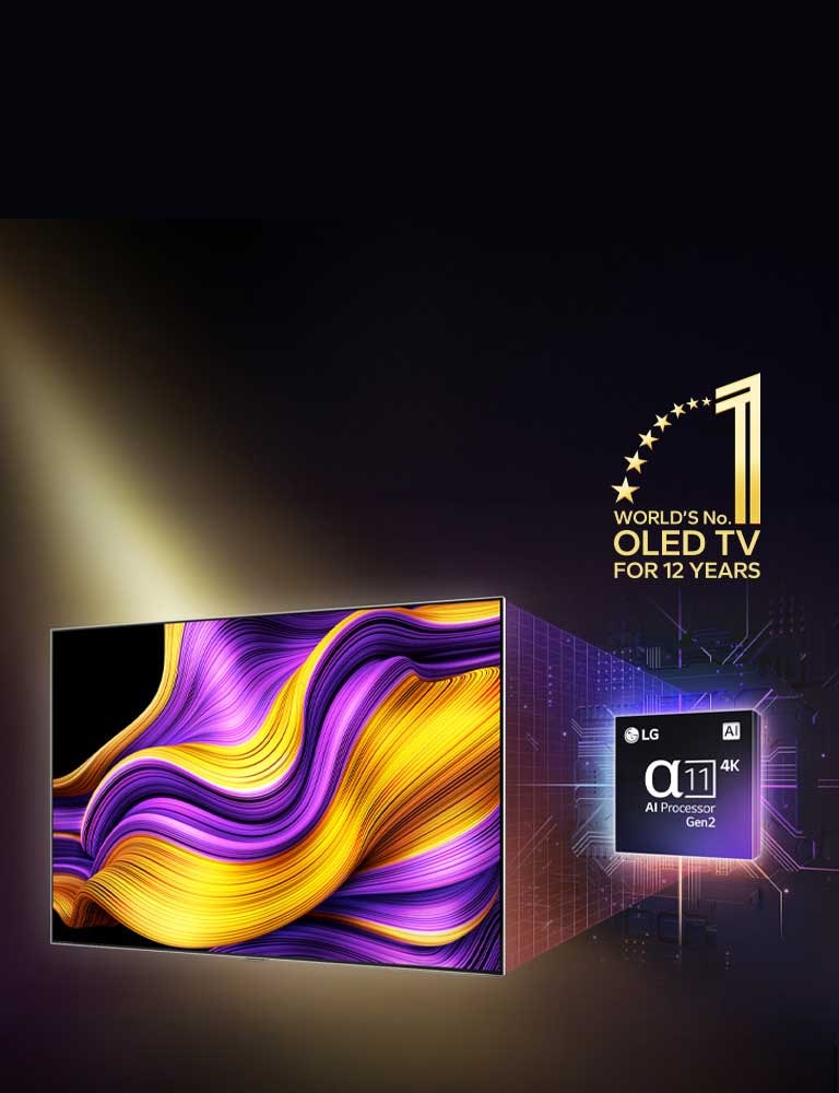 Una LG OLED TV con una obra de arte abstracta y colorida en su pantalla, con el procesador Alpha 11 AI de 2.a generación destacado por detrás. Luces brillantes emergen del procesador y de la TV, resaltando su avanzada tecnología. También se observa el emblema “OLED TV, número uno del mundo durante 12 a?os”.