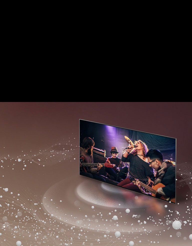 Uma imagem de bolhas e ondas sonoras saindo da tela de uma TV da LG e preenchendo o espa?o.