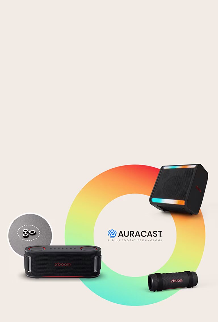 En un círculo de colores del arcoíris, xboom Stage 301, Grab y Bounce se colocan en el sentido de las agujas del reloj. Junto a xboom Bounce, la imagen del botón Auracast se coloca en un círculo.