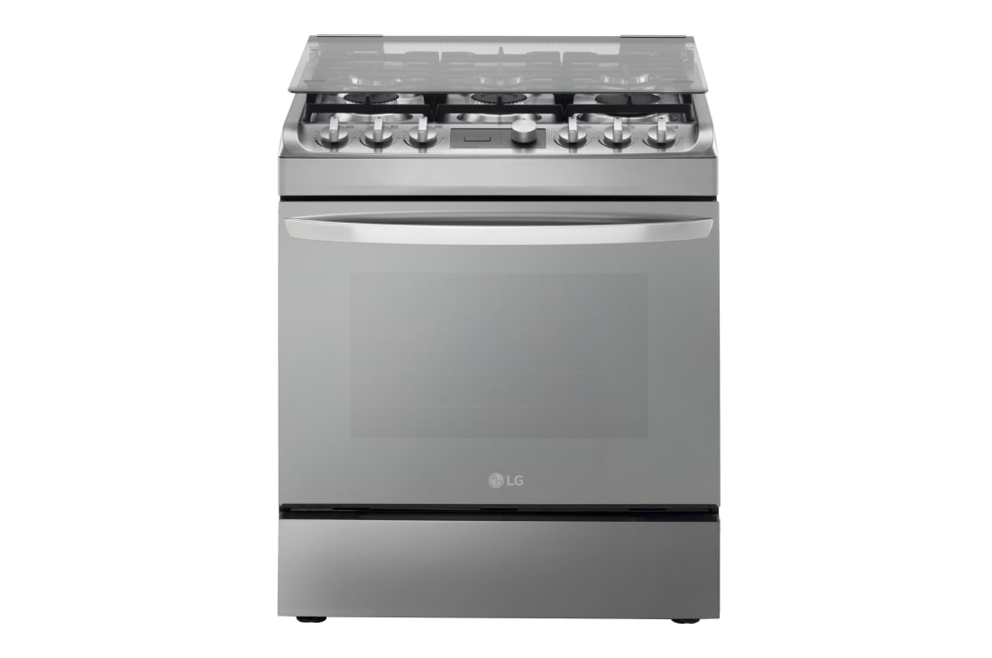 LG Cocina a Gas de Acero Inoxidable con 6 quemadores, 153 litros de Capacidad y tecnología EasyClean?  y Bloqueo Automático de Gas, Vista Frontal de la Cocina a Gas LG Cancún RSG314M con 153 litro de capacidad, RSG314M