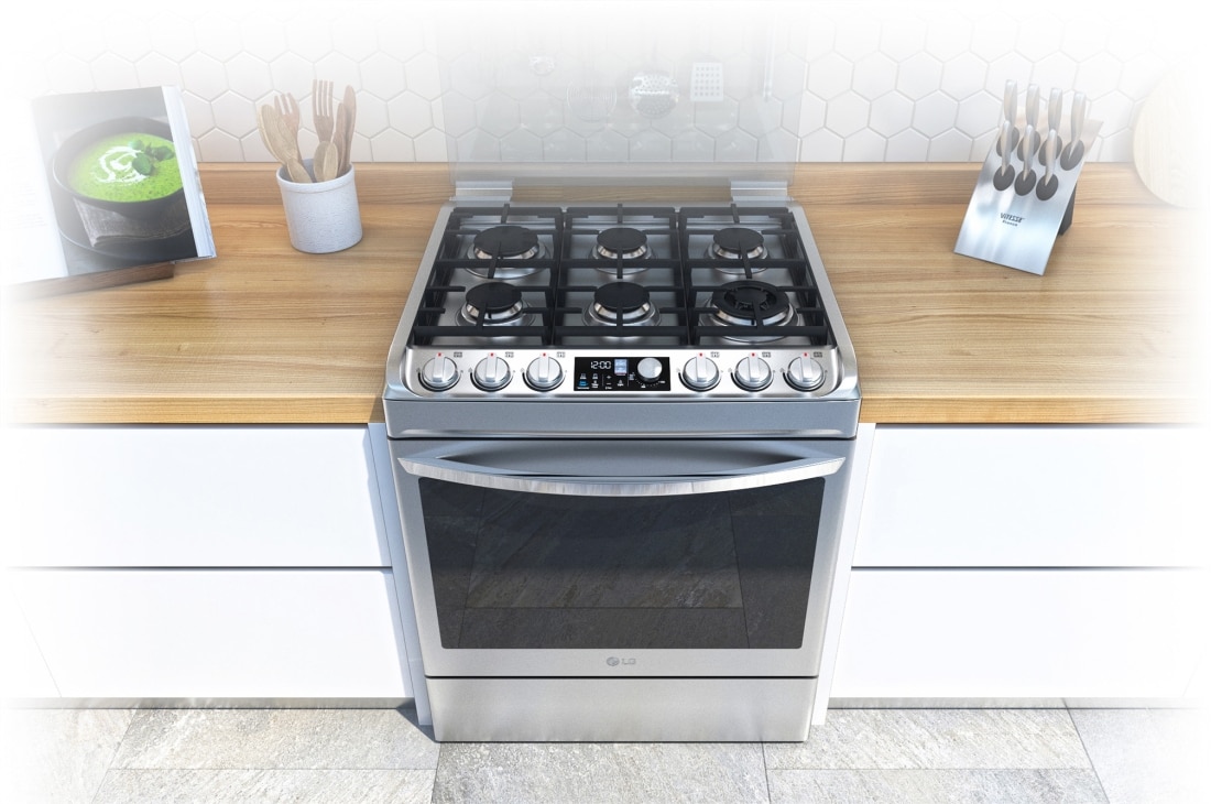 LG Cocina a Gas de Acero Inoxidable con 6 quemadores, 153 litros de Capacidad, Panel Digital, EasyClean? y Quemador UltraHeat? , RSG316T