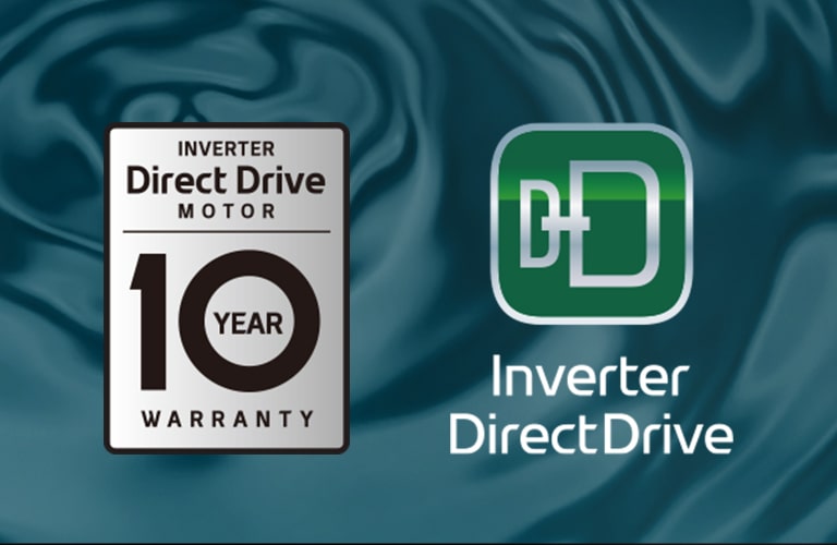 Un fondo de ondas suaves con el logotipo de Inverter DirectDrive 10 a?os de garantía, el logotipo de Inverter DirectDrive.