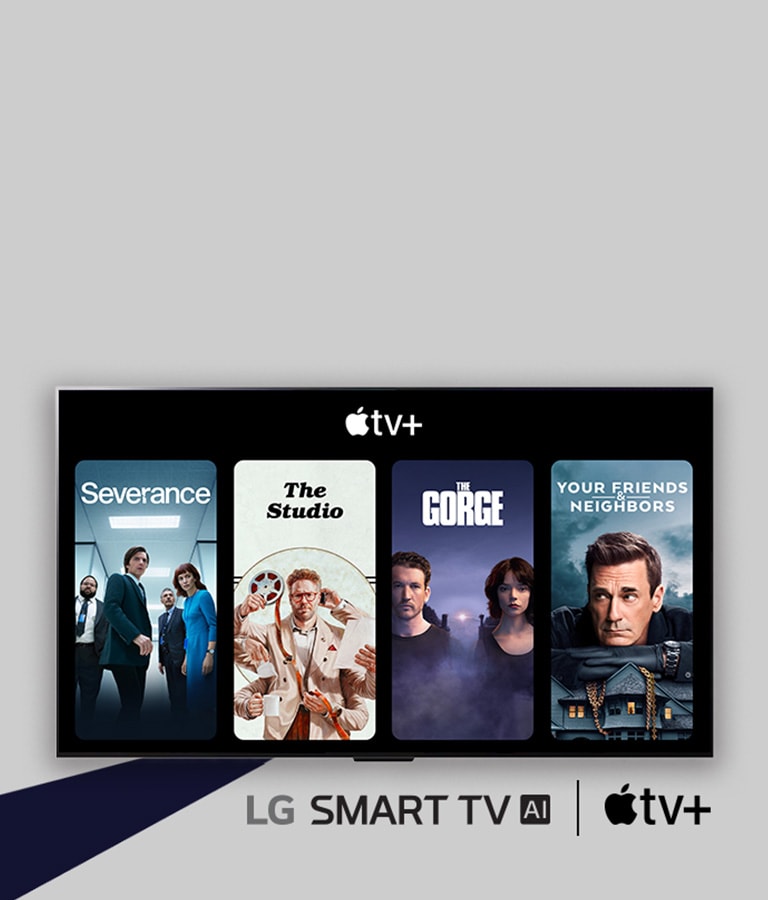 LG SMART TV AI (logotipo) y Apple (logotipo) TV+ aparecen uno junto al otro. En la LG TV, se muestran miniaturas de cuatro programas de televisión (Severance, The Studio, The Gorge y Your Friends and Neighbors) debajo de Apple (logotipo) TV+. 