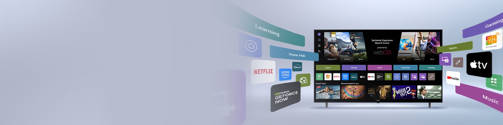 'LG Smart TV mostrando la pantalla de inicio de webOS con aplicaciones de entretenimiento y elementos de interfaz de usuario de LG Channels que se extienden dinámicamente hacia fuera, destacando más de 4000 aplicaciones y canales globales.