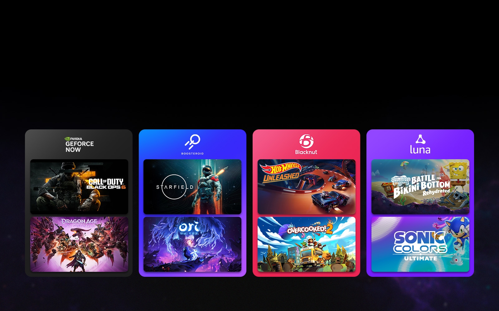 Cuatro casillas de colores, cada una con el logotipo de un servicio de juegos en la nube y dos imágenes en miniatura de juegos, que destacan plataformas populares de juegos en la nube como GeForce NOW y Boosteroid, accesibles desde el portal de juegos de LG.