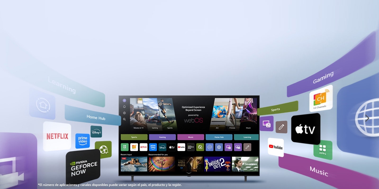 LG Smart TV mostrando la pantalla de inicio de webOS con aplicaciones de entretenimiento y elementos de interfaz de usuario de LG Channels que se extienden dinámicamente hacia fuera, destacando aplicaciones y canales globales.