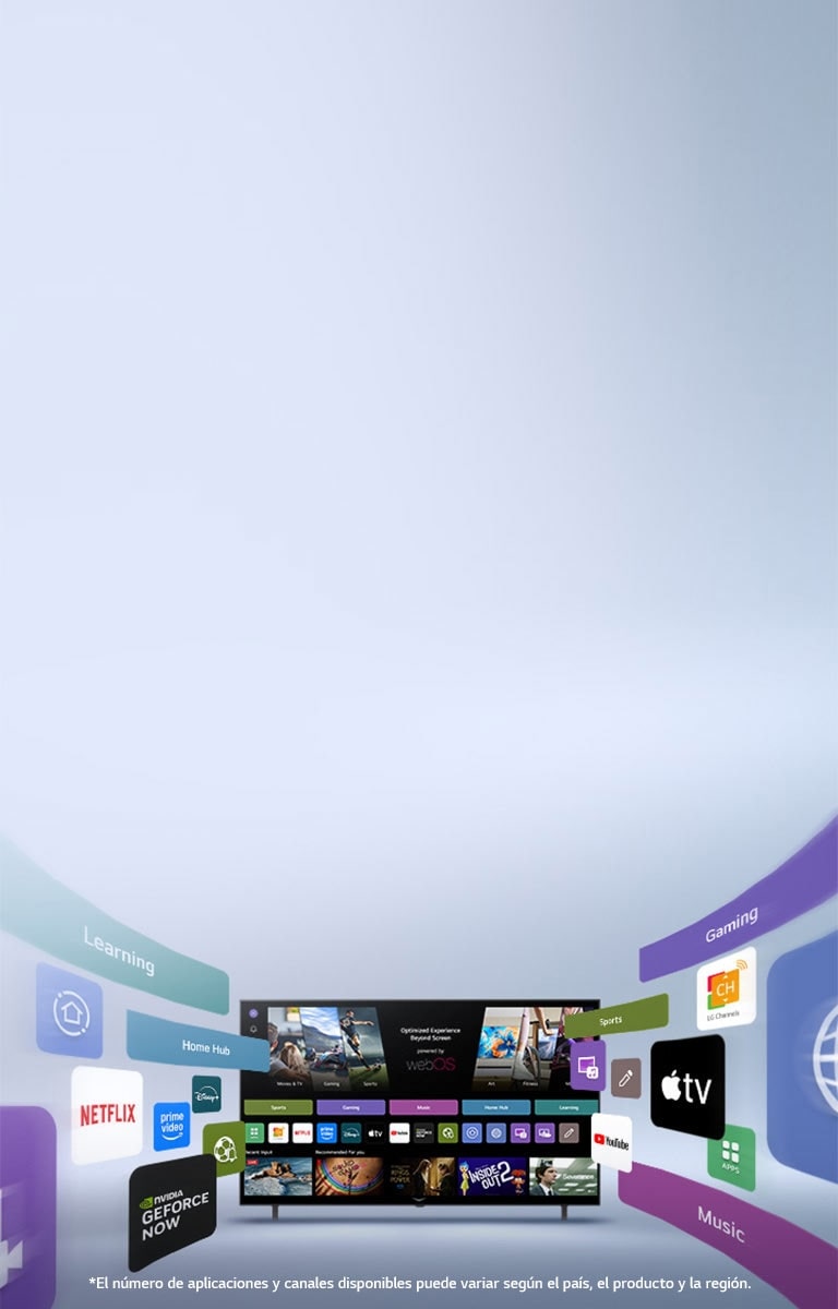LG Smart TV mostrando la pantalla de inicio de webOS con aplicaciones de entretenimiento y elementos de interfaz de usuario de LG Channels que se extienden dinámicamente hacia fuera, destacando aplicaciones y canales globales.
