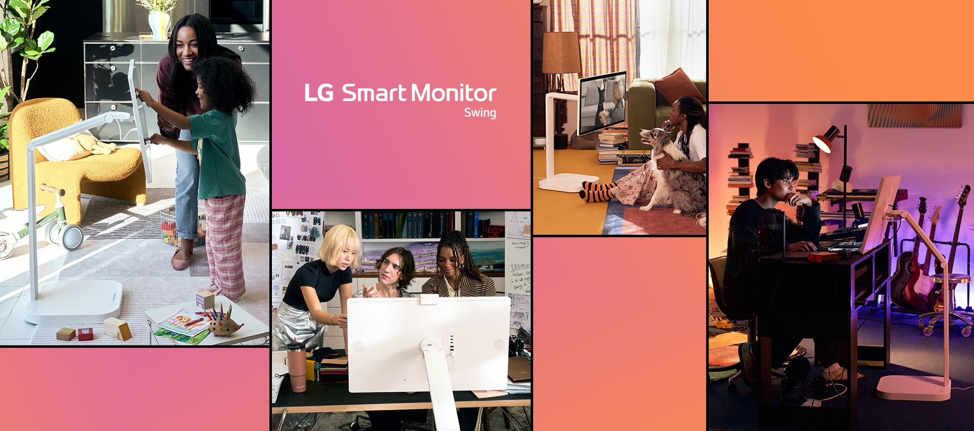 Mujer y ni?o usan un LG Smart Monitor Swing, tres personas trabajando juntas, un hombre con su perro y otro trabajando