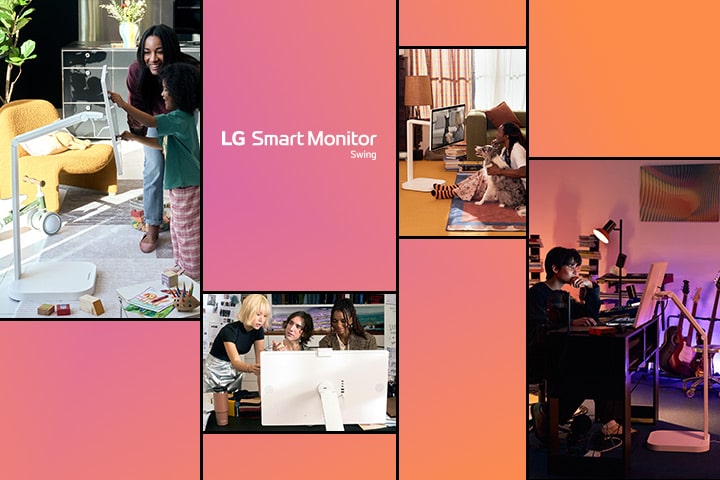Mujer y ni?o usan un LG Smart Monitor Swing, tres personas trabajando juntas, un hombre con su perro y otro trabajando