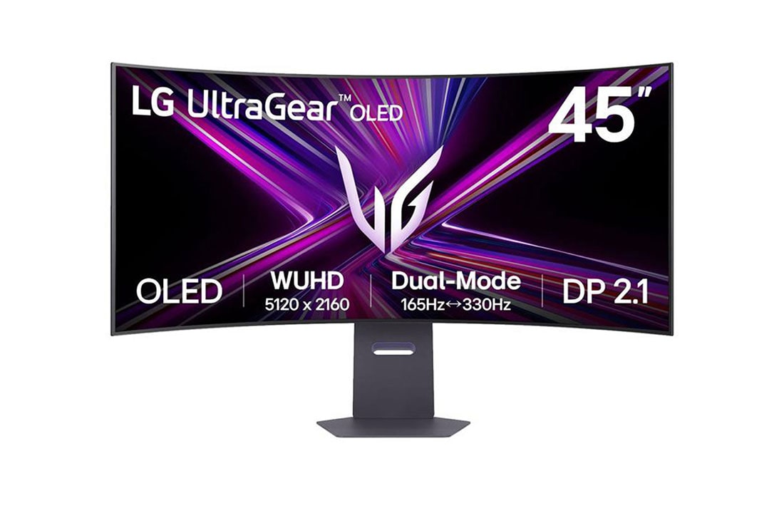 LG Monitor para juegos UltraGear? OLED 5K2K WUHD de 45” con modo dual de 165 Hz o WFHD de 330 Hz y 0,03 ms, compatible con G-sync y DisplayPort 2.1, extended stand front view, 45GX950A-B