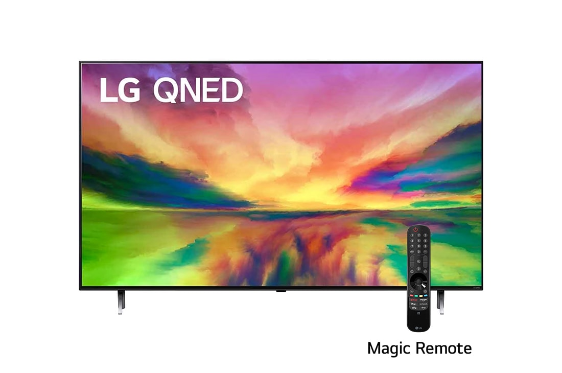 LG Pantalla LG QNED 86'' QNED80 4K SMART TV con ThinQ AI , Una vista frontal del televisor LG QNED con una imagen de relleno y el logotipo del producto en, 86QNED80SRA