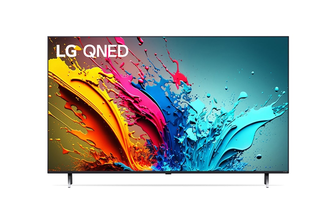LG 86 pulgadas LG QNED85 4K UHD Smart TV 2024, Vista frontal da QNED85 com LG QNED e 2024 na tela, 86qned85tsa