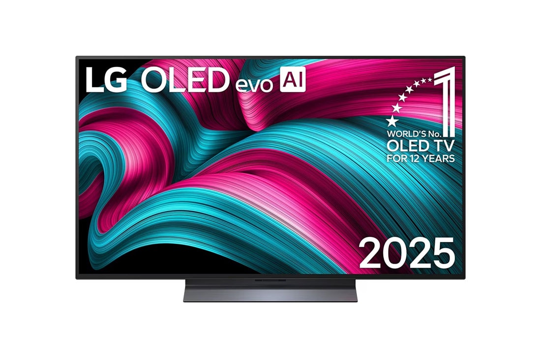 LG 48 pulgadas LG OLED evo AI C5 4K Smart TV 2025, Vista de frente de la Smart TV LG OLED evo AI C5 4K. El emblema “OLED, número 1 del mundo durante 12 a?os” y el logotipo de LG OLED evo AI 2025 aparecen en la pantalla., OLED48C5PSA