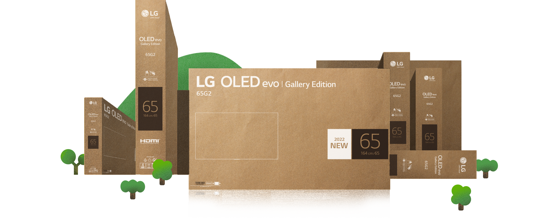 Una ilustración de una ciudad llena de naturaleza creada utilizando el embalaje ecológico del LG OLED