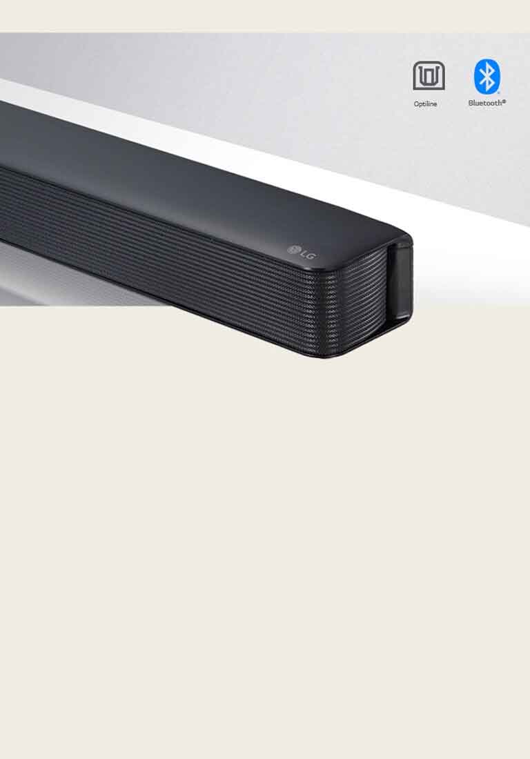 LG Soundbar ribak?lari parema külje l?hivaade, paremas alanurgas on LG logo. ühenduvuse ikoonid on n?idatud toote kohal. 