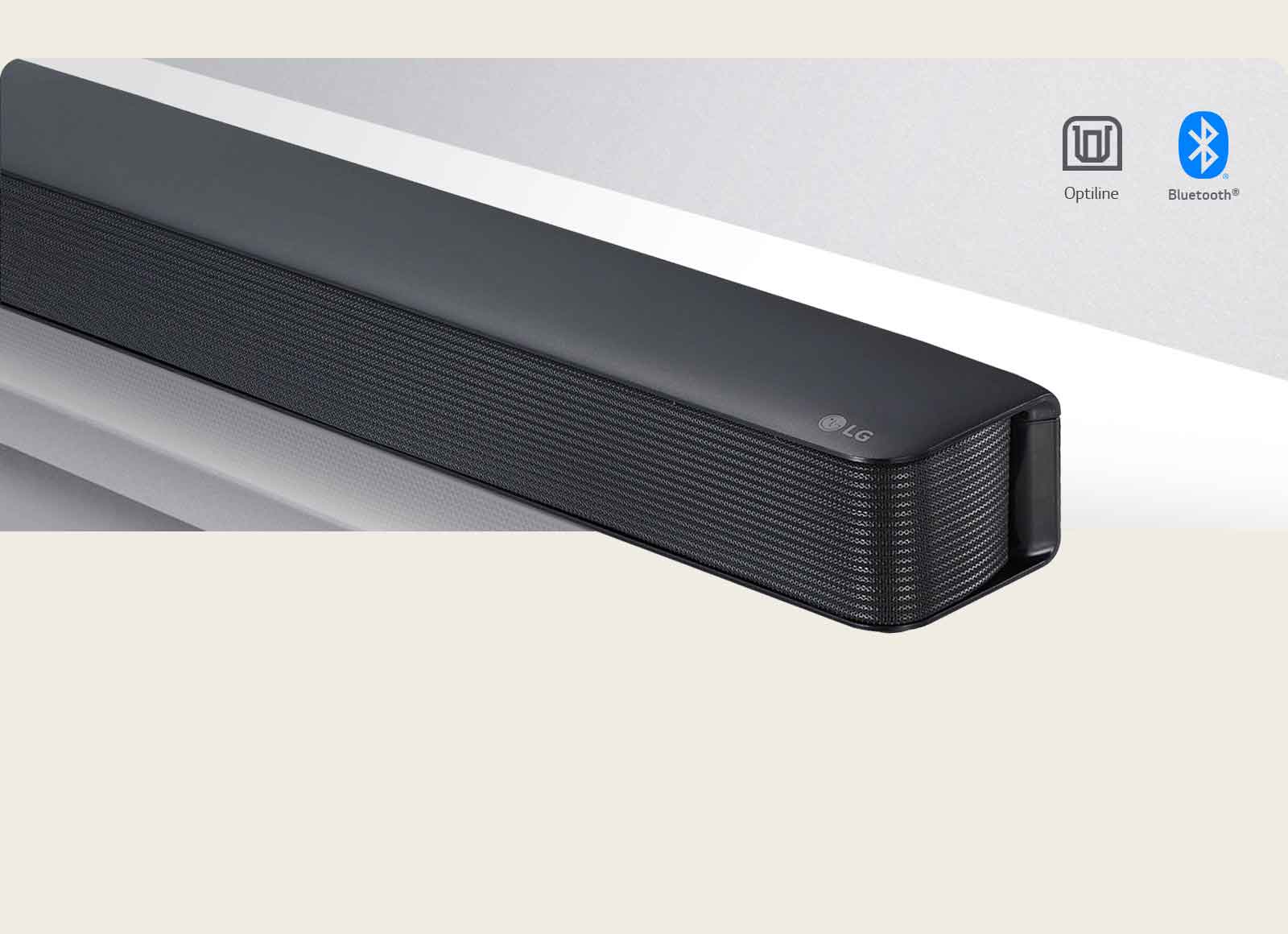 LG Soundbar ribak?lari parema külje l?hivaade, paremas alanurgas on LG logo. ühenduvuse ikoonid on n?idatud toote kohal. 