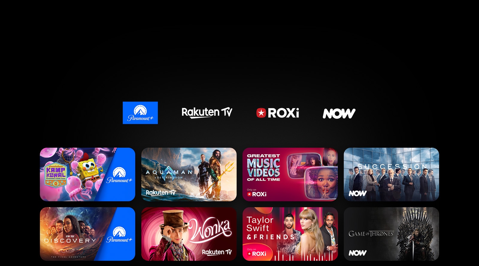 Paramount+, Rakuten TV, ROXi ja Now logod kuvatakse j?rjest. Nende all on eksklusiivsete telesarjade ja filmide plakatid.
