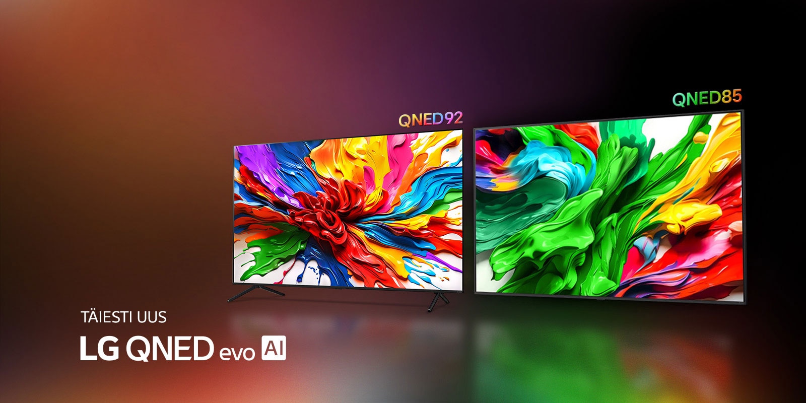 LG QNED92 ja LG QNED85 telerid on k?rvuti. Nende ekraanidel on v?rviküllased kunstiteosed, mis toovad esile LG QNED-i uue erksa ja elava v?rviedastustehnoloogia. N?ha on ka uus LG QNED evo AI logo.