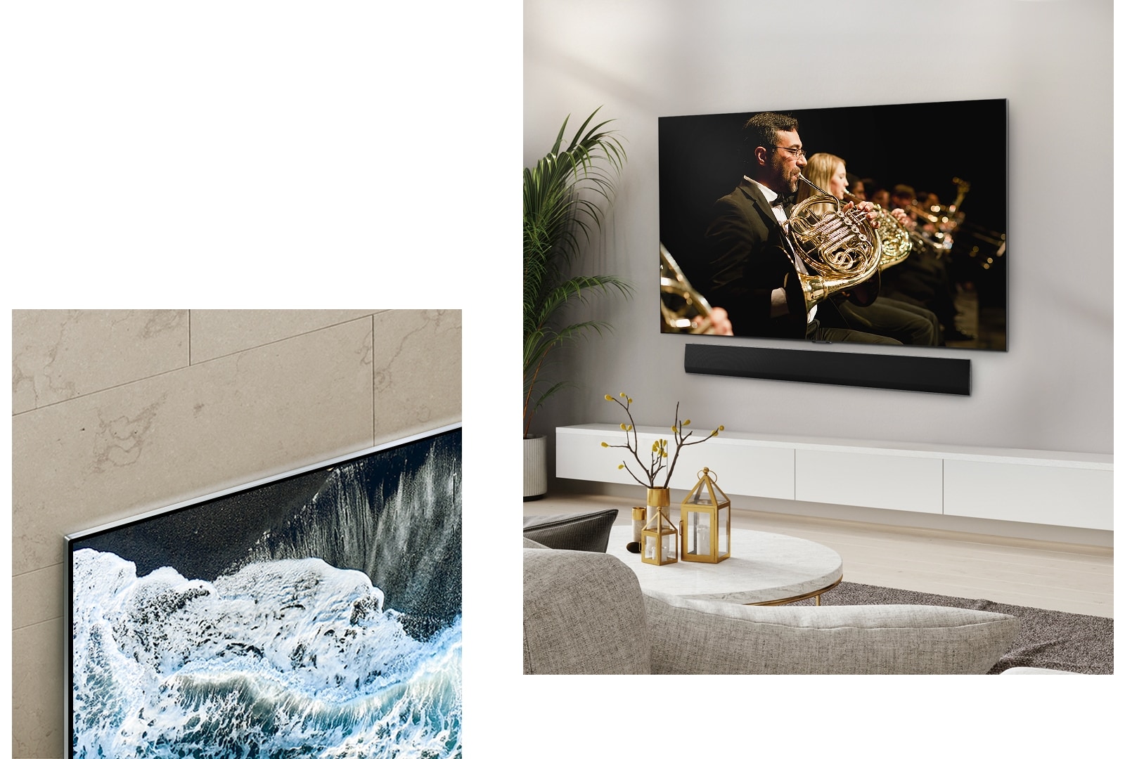 LG OLED TV, OLED G4 nurga all vaade marmorist seina vastas, mis n?itab, kuidas see seinaga sulandub.   LG OLED TV, OLED G4 ja LG ribak?lar puhtas eluruumis seina vastas ning ekraanil m?ngib orkester. 