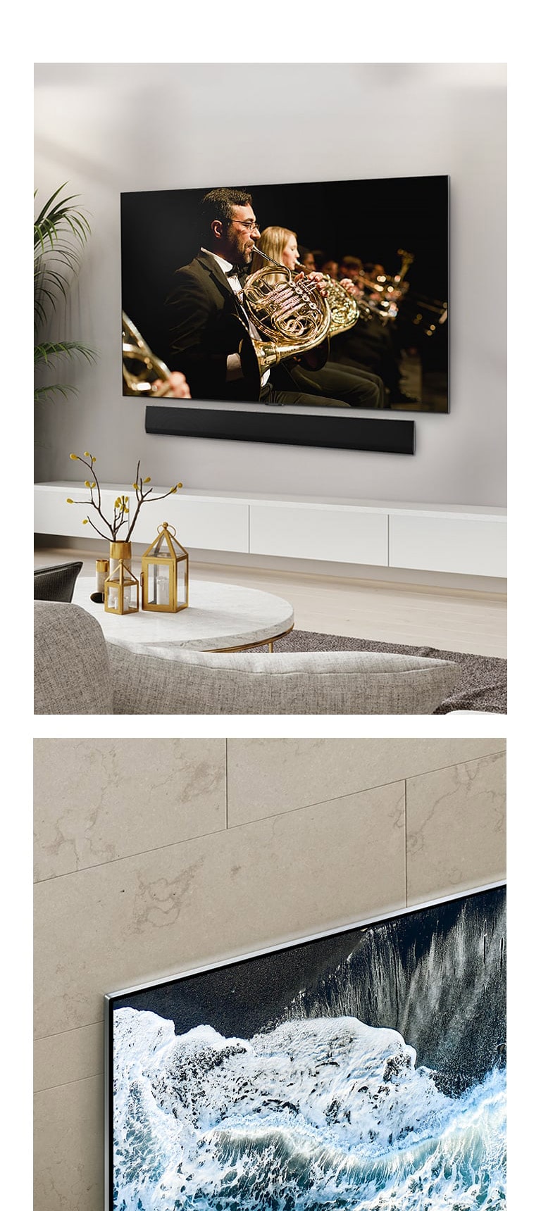 LG OLED TV, OLED G4 nurga all vaade marmorist seina vastas, mis n?itab, kuidas see seinaga sulandub.   LG OLED TV, OLED G4 ja LG ribak?lar puhtas eluruumis seina vastas ning ekraanil m?ngib orkester. 