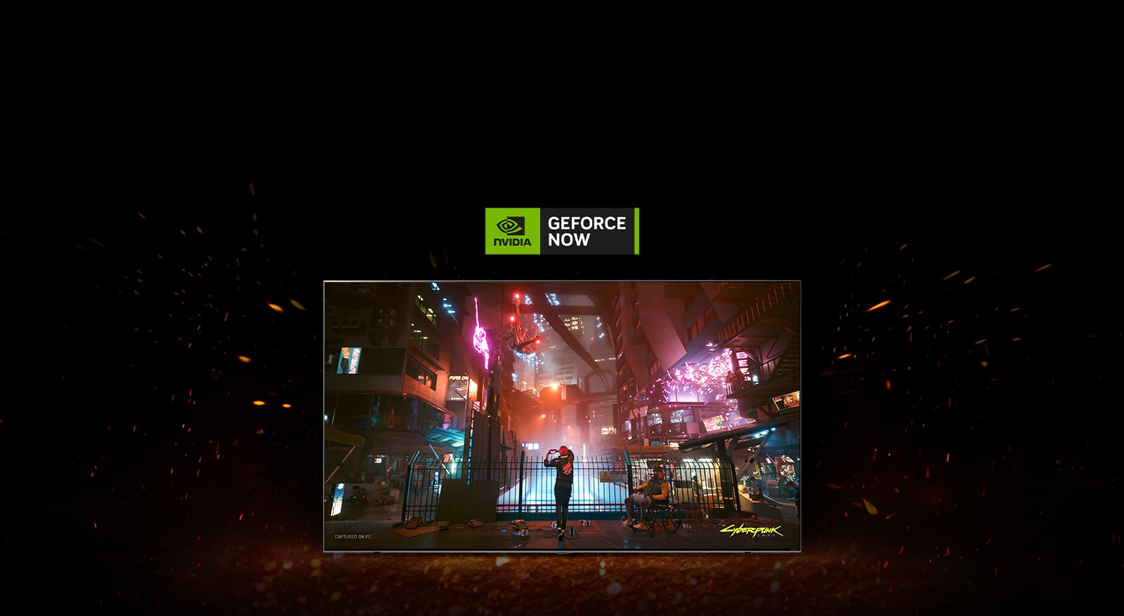 Televiisori ümber süttivad leegid ja teler n?itab m?ngu Cyberpunk. Teleri peal on Geforce now logo.