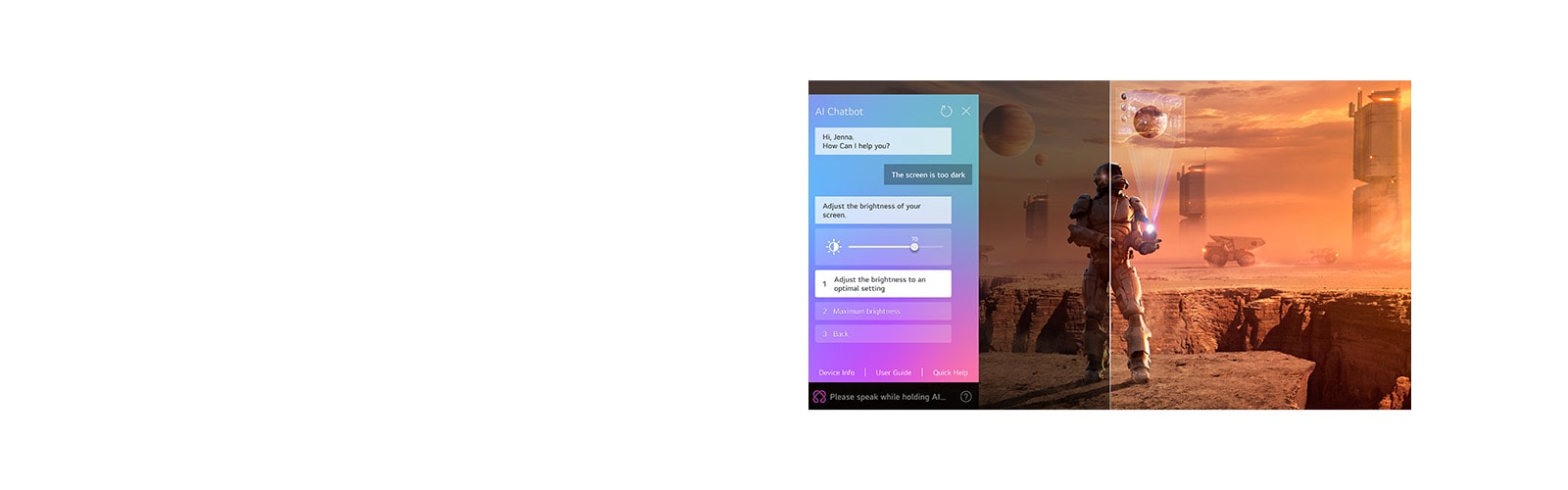 LG QNED TV teleriekraanil m?ngib ulmesisu. Ekraanil on AI Chatboti liides. Kasutaja saatis chatbotile s?numi, et ekraanipilt on liiga tume. Chatbot pakkus p?ringule lahendusi. Kogu kujutis on ka kaheks poolitatud. üks pool on tumedam, teine aga heledam, mis demonstreerib kuidas AI Chatboti vestlusbot lahendas kasutaja probleemi automaatselt.