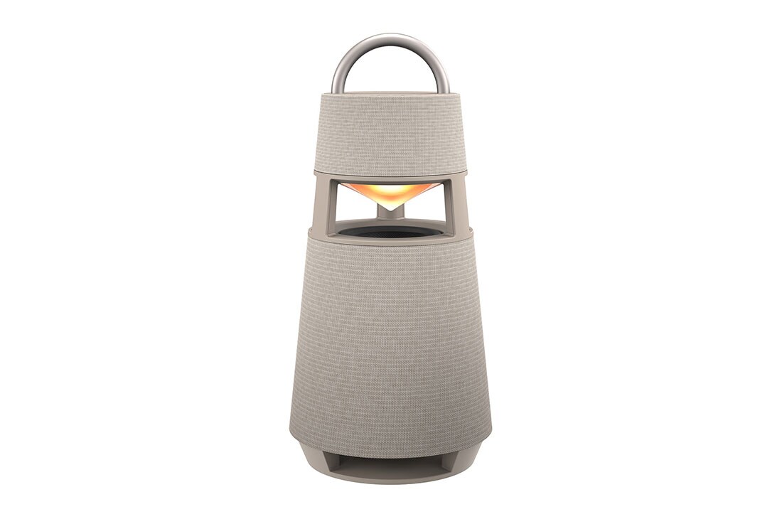 LG XBOOM 360 RP4BE Bee?, ángulo frontal con iluminación amarilla encendida, RP4BE