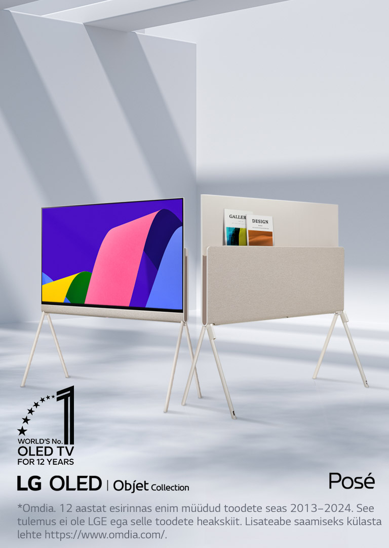 Kaks LG OLED Posé telerit elegantses ja minimalistlikus ruumis. üks teler esitleb toote esikülge, ekraanil on kuvatud kunstiteos. Teise teleri puhul on n?ha tagakülg, millel on hea disainiga hoiulahendus. Tagaküljel on n?ha paar ajakirja. Nurgas on embleem, millel on kirjas ?12 aastat maailma parim OLED TV teler“. Samuti on n?ha LG OLED Objet Collectioni ja Posé tootelogod.