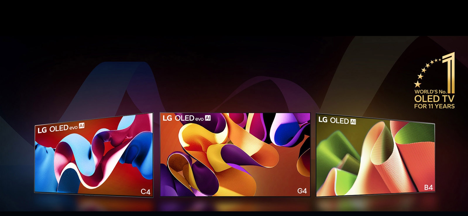 PC: LG OLED evo G4, LG OLED evo C4 ja LG OLED B4 k?rvuti, igaühe ekraanil on kuvatud erinevat v?rvi abstraktne kunstiteos. Valgus langeb igast telerist allpool asuvale maapinnale. Paremas ülanurgas on 11 aastat maailma esinumbri OLED TV kuldne embleem.  MO: LG OLED evo G4, LG OLED evo C4 ja LG OLED B4 reas, igaühe ekraanil on kuvatud erinevat v?rvi abstraktne kunstiteos. Valgus langeb igast telerist allpool asuvale maapinnale. Paremas ülanurgas on 11 aastat maailma esinumbri OLED TV kuldne embleem.