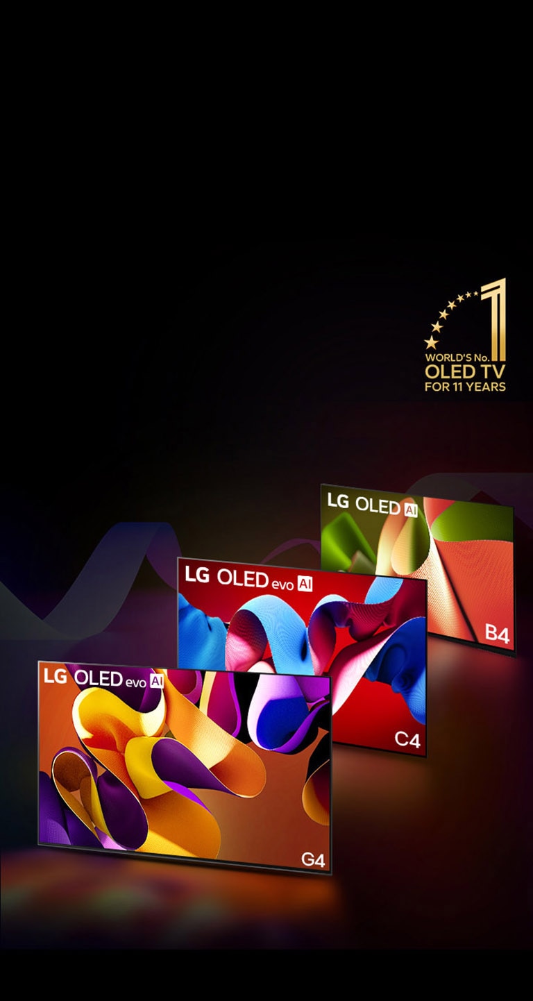 PC: LG OLED evo G4, LG OLED evo C4 ja LG OLED B4 k?rvuti, igaühe ekraanil on kuvatud erinevat v?rvi abstraktne kunstiteos. Valgus langeb igast telerist allpool asuvale maapinnale. Paremas ülanurgas on 11 aastat maailma esinumbri OLED TV kuldne embleem.  MO: LG OLED evo G4, LG OLED evo C4 ja LG OLED B4 reas, igaühe ekraanil on kuvatud erinevat v?rvi abstraktne kunstiteos. Valgus langeb igast telerist allpool asuvale maapinnale. Paremas ülanurgas on 11 aastat maailma esinumbri OLED TV kuldne embleem.