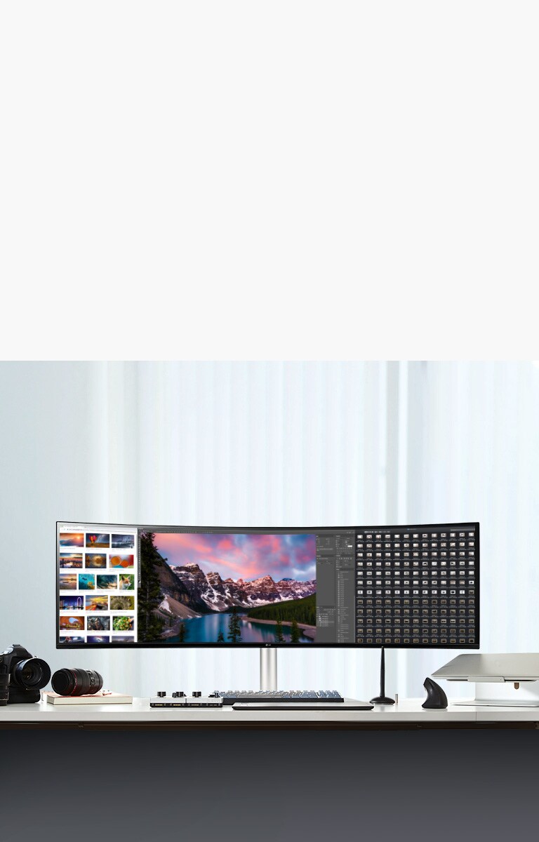 Pildil on 49WQ95C, mis kuvab korraga palju rohkem pildiallikaid ja aknaid, millega s??stad visuaalse t?? aega.