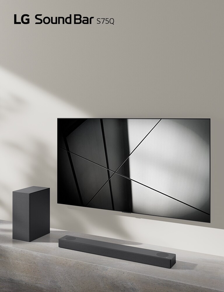 LG soundbar S75Q ja LG televiisor on paigutatud koos elutuppa. Teler n?itab mustvalget pilti.