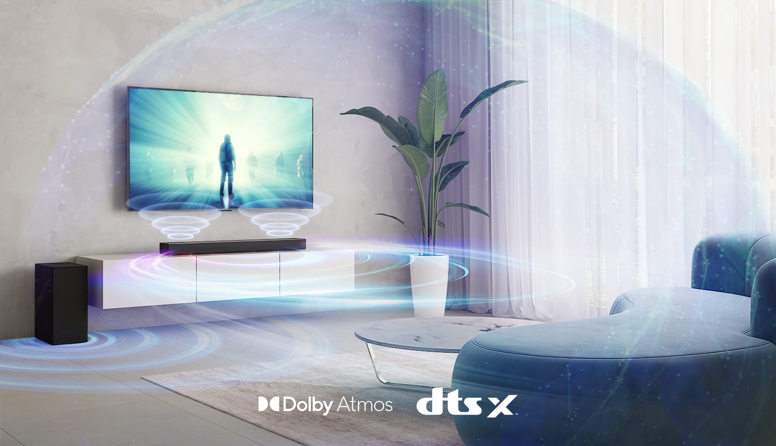 LG teler ripub elutoa seinal. Teleriekraanil k?ib film. LG soundbar on paremal teleri all bee?il riiulil, mille tagumine k?lar on paigutatud vasakule. All keskel on Dolby Atmose ja DTS:Xi logo.