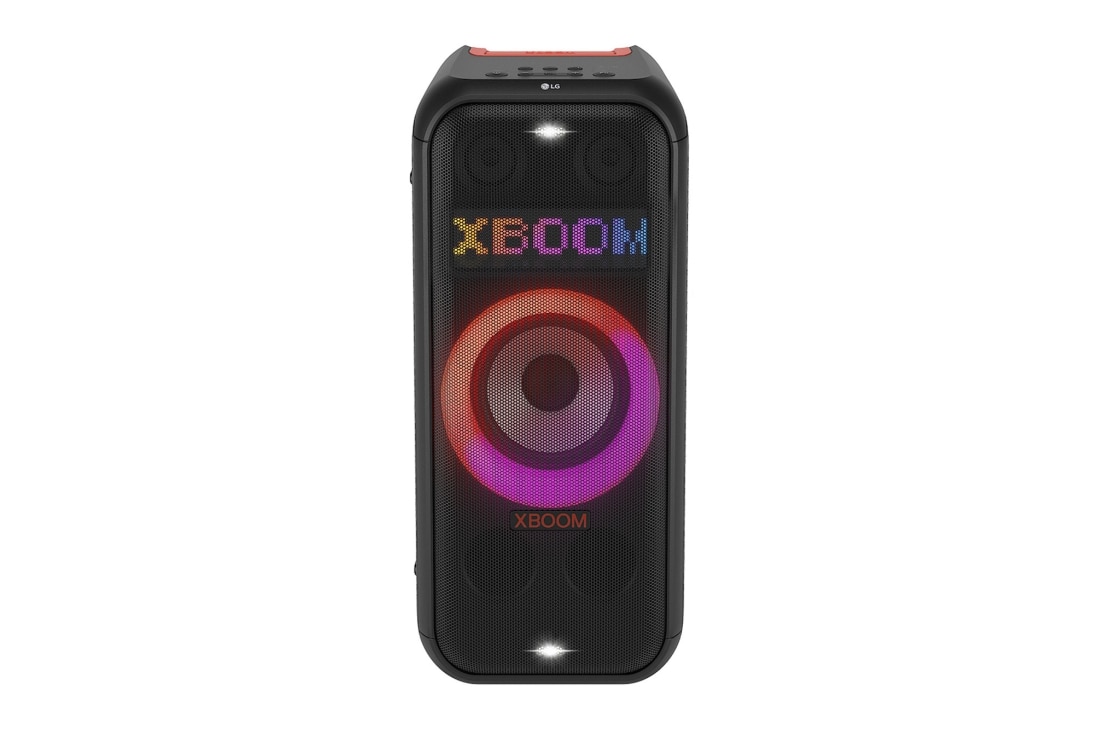LG XBOOM XL7S, Eestvaade, k?ik tuled p?levad. Dünaamilise pikselvalgustuse paneelil on n?ha tekst ?XBOOM“., XL7S