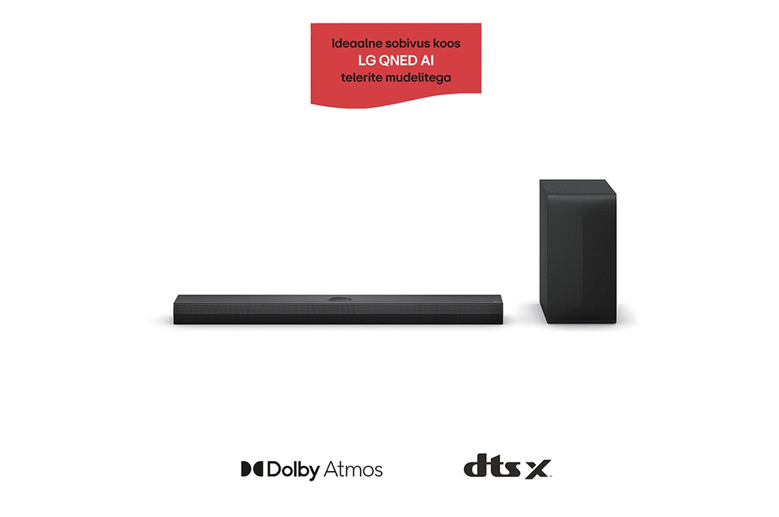 LG 400W, 3.1.1 kanaliga S70TY LG Soundbar helisüsteem koos Dolby Atmos-ga, ideaalne sobivus LG QNED AI TV, LG Soundbar S70TY ribak?lari ja bassik?lari eestvaade, S70TY