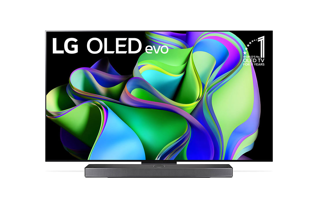 LG OLED evo C3 77-tolline 4K nutiteler 2023, LG OLED evo eestvaade, embleem ?11 aastat maailma nr. 1 OLED“ ekraanil, teleri all on Soundbar. , OLED77C32LA