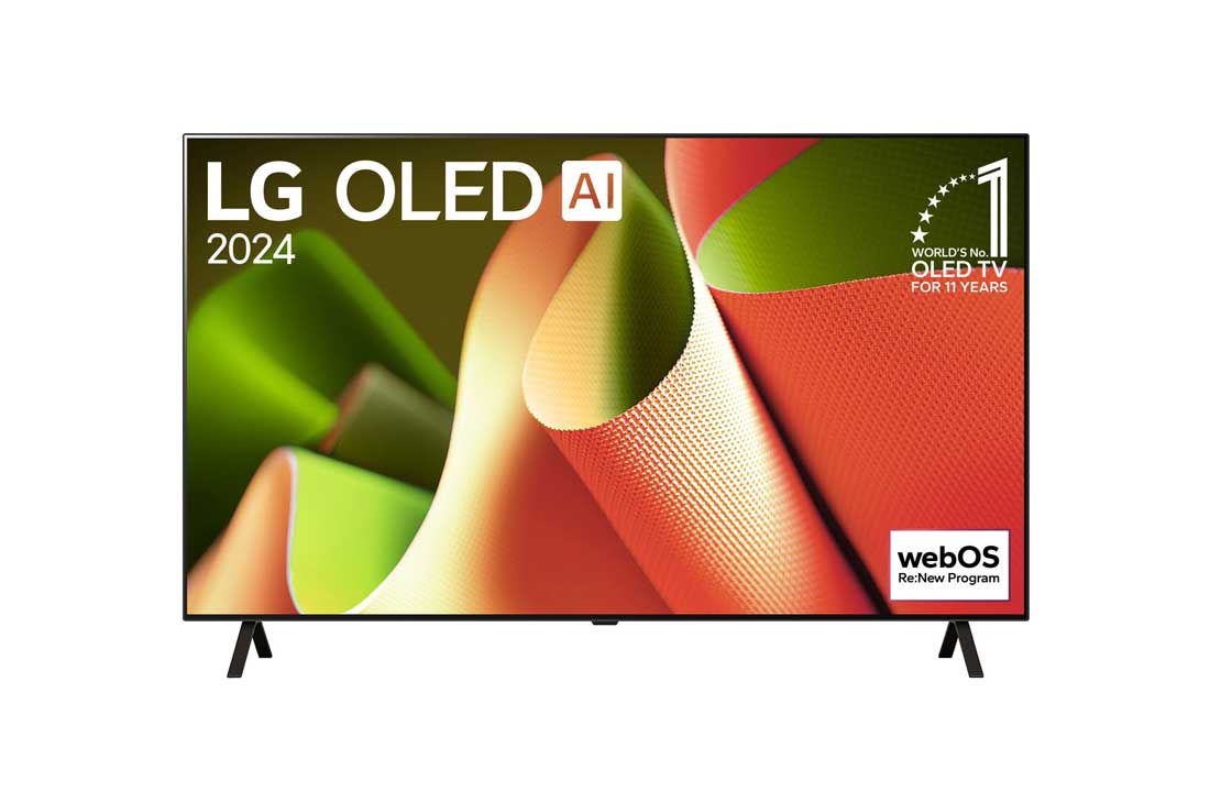 LG 65-tolline LG OLED AI B4 4K nuti TV OLED65B4 WebOS24 2024, LG OLED TV, OLED AI B4 eestvaade, 11 aastat maailmas esikohal olnud OLED-embleemi ja webOS-i Re:New Program logo ekraanil koos 2 tugivardaga alusega, OLED65B43LA