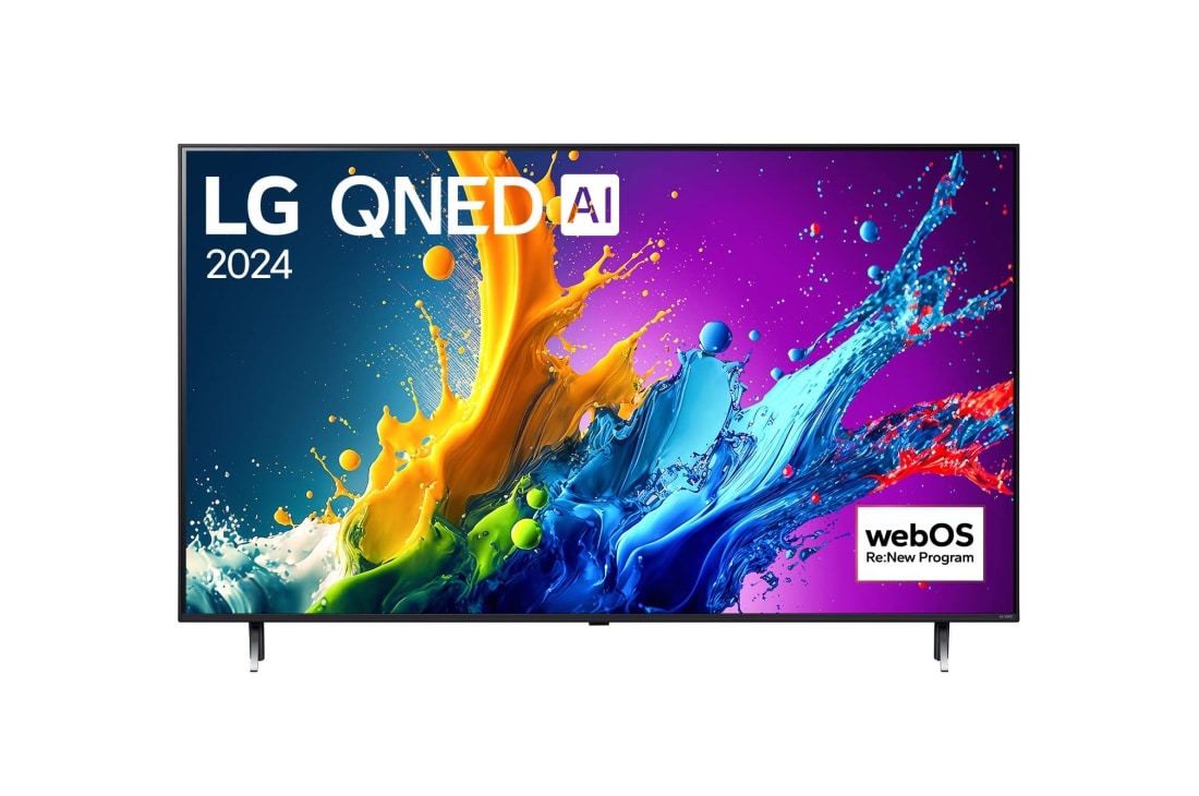 LG 50-tolline LG QNED AI 4K nuti TV QNED80 WebOS24 2024, LG QNED TV, QNED80 eestvaade, ekraanil tekst LG QNED, 2024 ja webOS Re:New Program logo, 50QNED80T3A