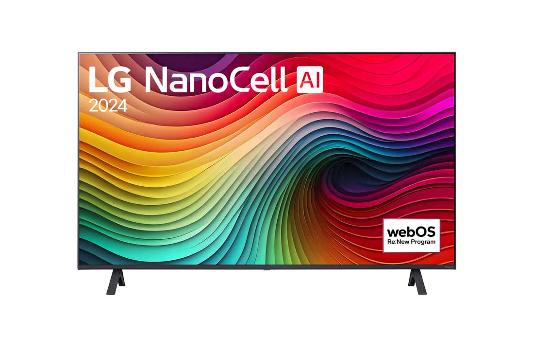 LG 43-tolline LG NanoCell AI 4K nuti TV NANO82 WebOS24 2024, LG NanoCell TV, NANO82 eestvaade, ekraanil tekst LG NanoCell, 2024 ja webOS Re:New Program logo, 43NANO82T3B