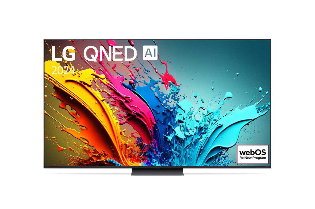 LG 75-tolline LG QNED AI 4K nuti TV QNED87 WebOS24 2024, LG QNED TV, QNED85 eestvaade, ekraanil tekst LG QNED, 2024 ja webOS Re:New Program logo, 75QNED87T3B