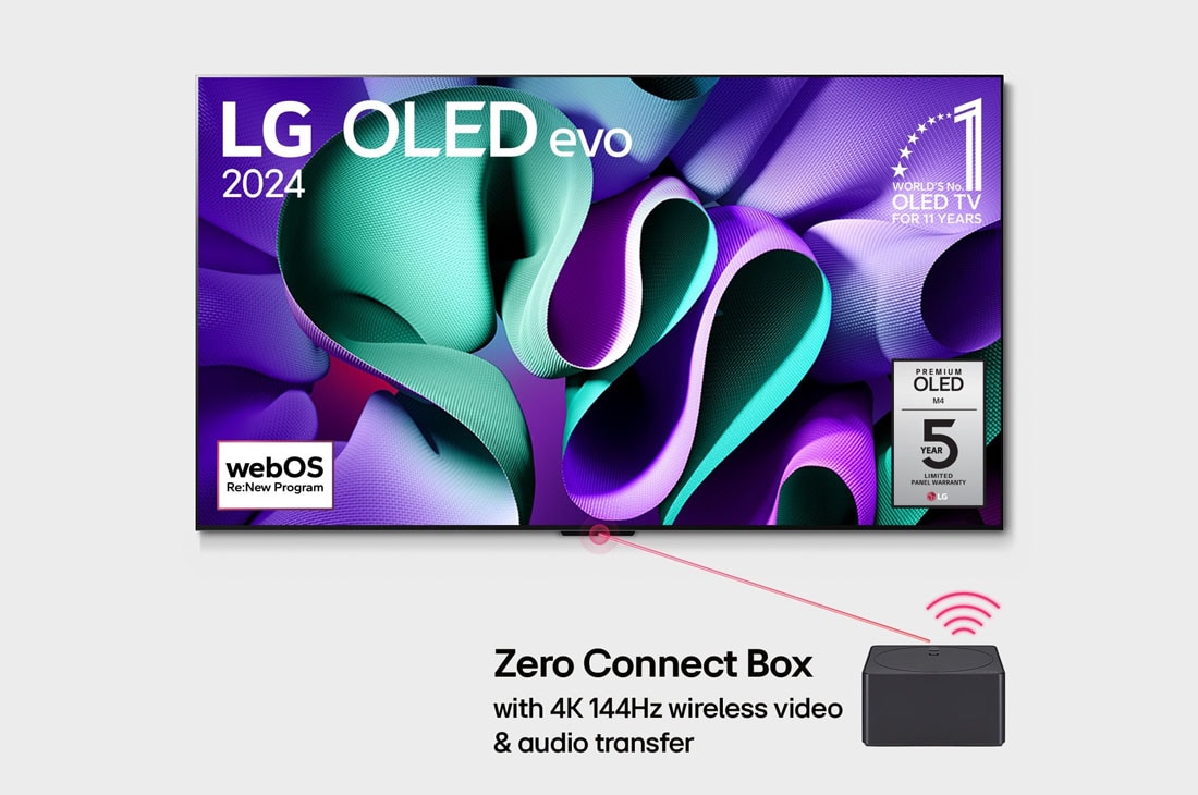 LG 65 Inch LG OLED evo M4 4K Smart TV 2024, LG OLED M4 ja Zero Connect Box selle all, 11 aastat maailmas esikohal olnud OLED-embleem ja webOS-i Re:New Program logo ja paneeli 5-aastase garantii logo ekraanil, OLED65M49LA