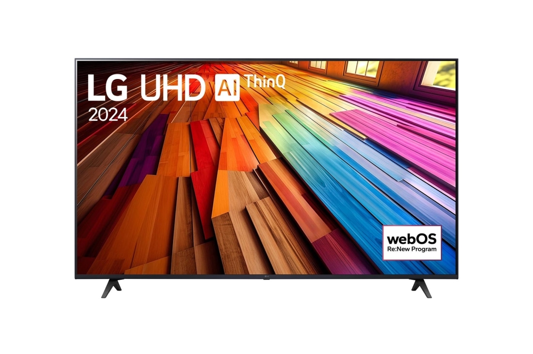 LG 50-tolline LG UHD AI 4K nuti TV UT81 WebOS24 2024, LG UHD TV, UT80 eestvaade, ekraanil tekst LG UHD AI ThinQ, 2024 ja webOS Re:New Program logo, 50UT81003LA